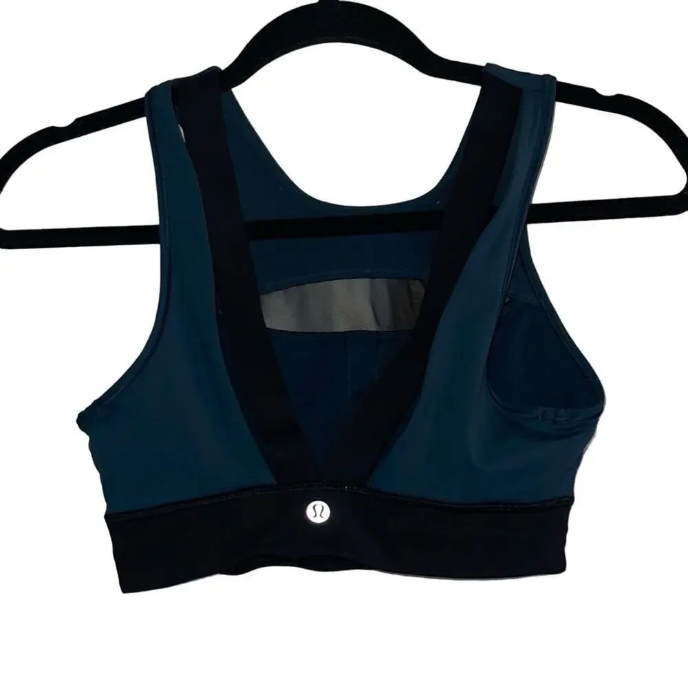 LULULEMON Run The Day Bra Submarine Teal Black Mesh Strappy Size 4